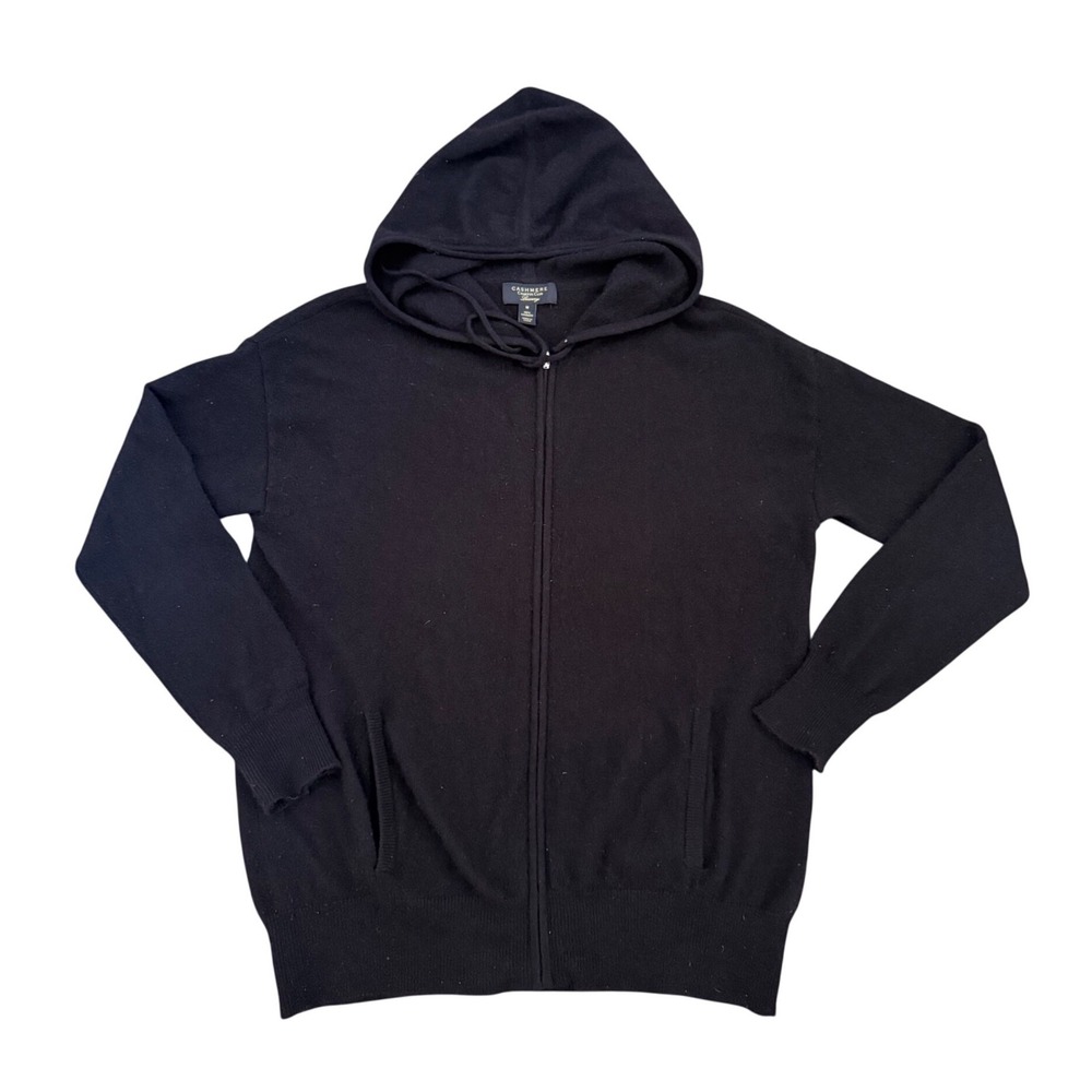 Charter Club Luxury Black 100% Cashmere Full Zip Hoodie Sweater Womens Medium
